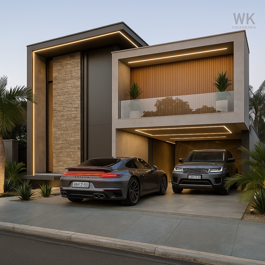 Residência moderna com volumes ortogonais, iluminação linear e garagem com carros esportivos.