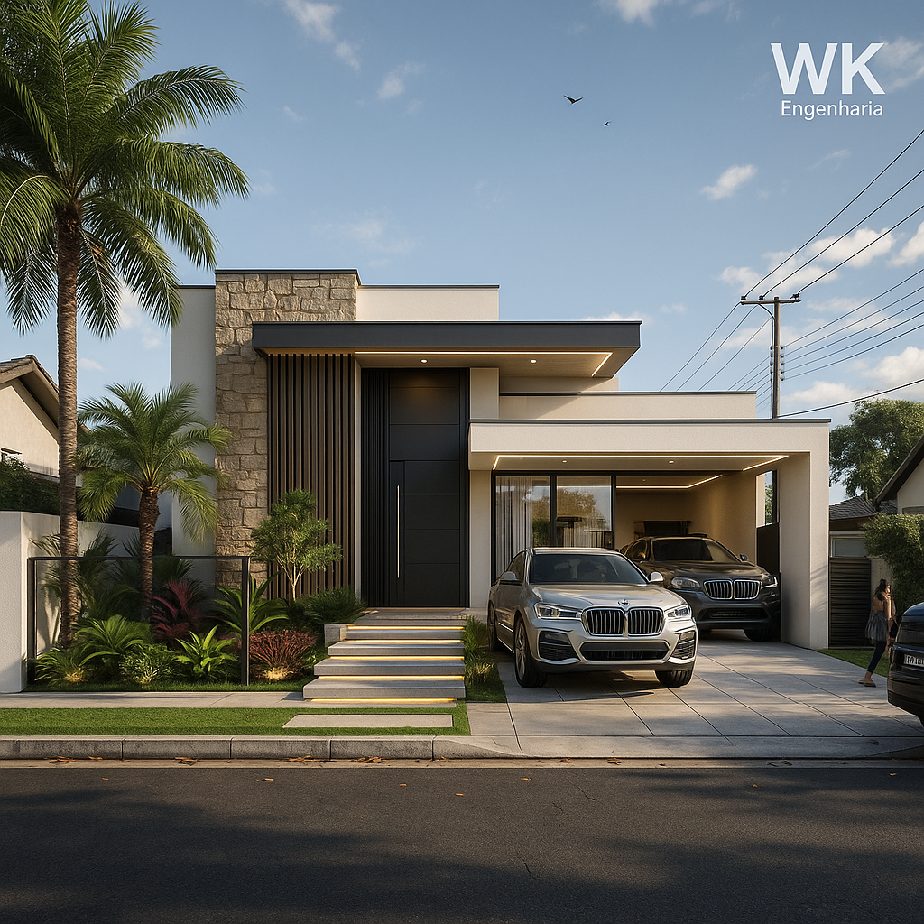 Fachada residencial compacta com porta alta, pedra natural e iluminação cênica nos degraus.