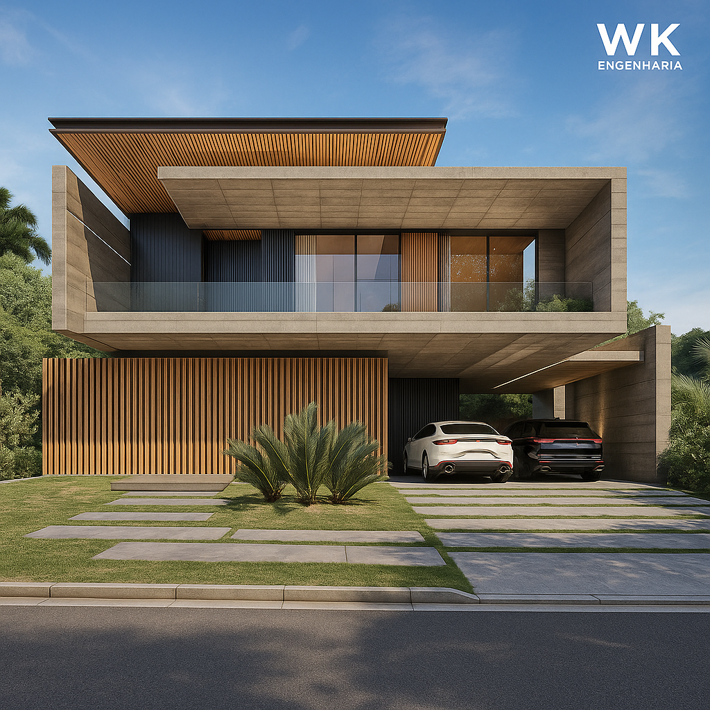Casa minimalista com concreto aparente, ripado de madeira e composição horizontal ampla.